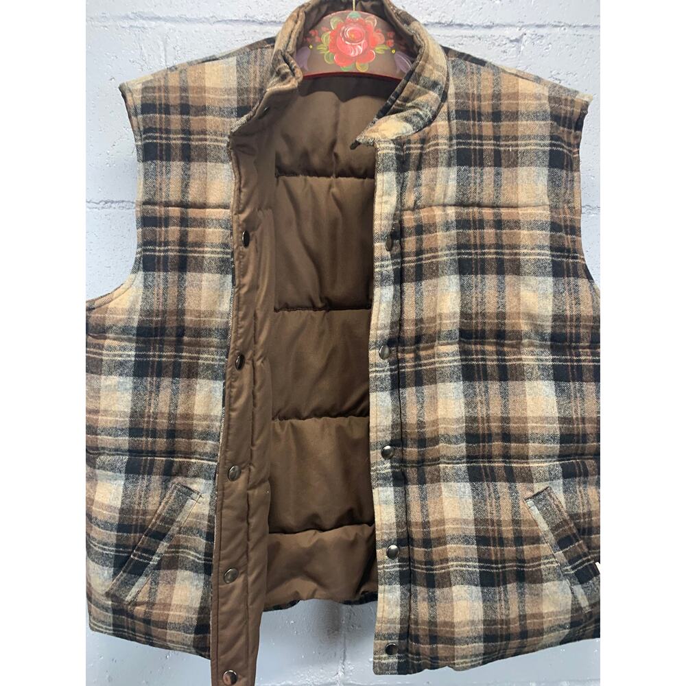 Vtg 80s Tartan Plaid Reversible Wool Puffer Vest Brown Earth Tones Gorpcore B9
